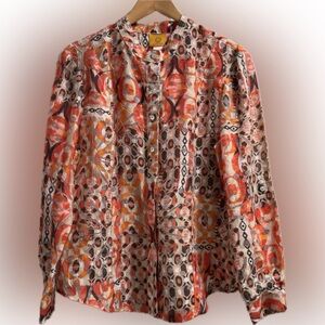 RUBY RD Coral Brown Button Up 70s Disco Psychedelic Shirt Size 14